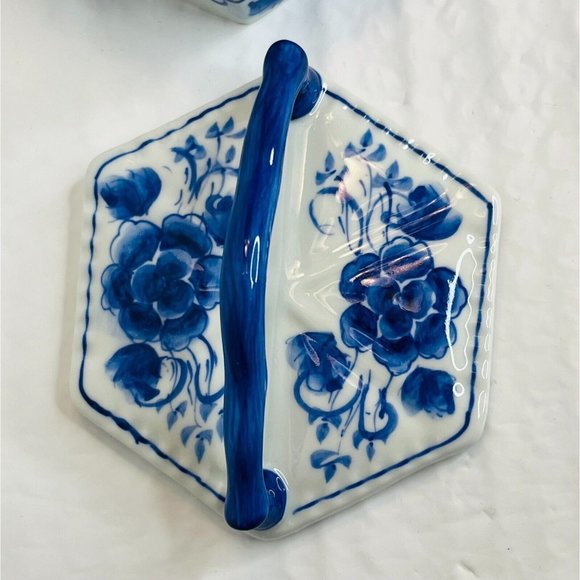 Blue and White Hexagon Trinket box with lid blue handle Thailand Porcelain - Picture 14 of 16